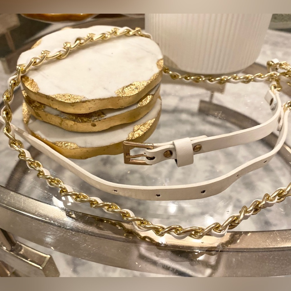 White leather look and gold Chain Belt with buckle.  46” length
